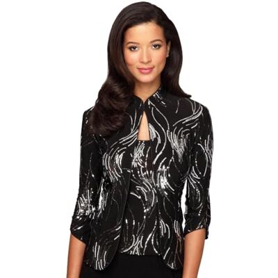 Alex Damen 3/4 Sleeve Twinset with Printed Jacket Scooped Neck Cami (Petite and Regular Sizes) Klassisches Hemd, schwarz/Silber, X-Groß Alex Damen 3/4 Sleeve Twinset with Printed Jacket Scooped Neck Cami (Petite and Regular Sizes) Klassisches Hemd, schwarz/Silber, X-Groß