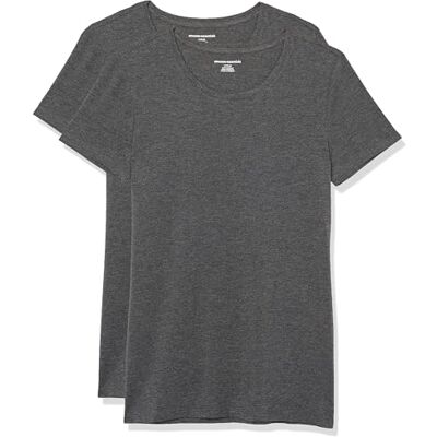 Amazon Damen T-Shirt mit kurzen Ärmeln und Rundhalsausschnitt in normaler Passform, 2er-Pack, Dunkelgrau Meliert, L Amazon Damen T-Shirt mit kurzen Ärmeln und Rundhalsausschnitt in normaler Passform, 2er-Pack, Dunkelgrau Meliert, L
