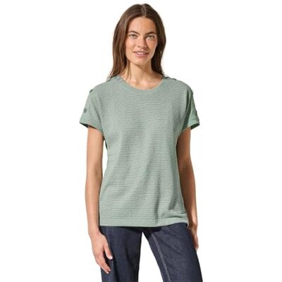 Cecil Striped Crepe Button T-Shirt Matcha Green S Cecil Striped Crepe Button T-Shirt Matcha Green S