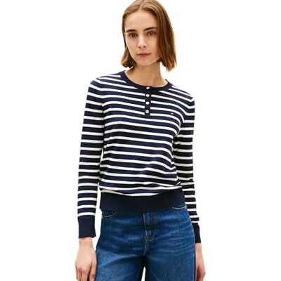 Tommy Hilfiger Damen Pullover Jersey Fine Henley mit Knopfleiste, Blau (Dark Night Navy/Ivory Petal STP), S Tommy Hilfiger Damen Pullover Jersey Fine Henley mit Knopfleiste, Blau (Dark Night Navy/Ivory Petal STP), S