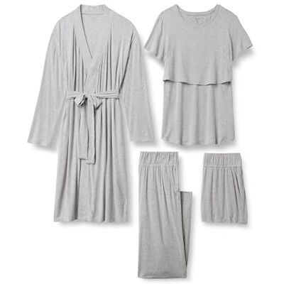 Amazon Damen Nachtwäsche-Set Aus Weichem Modal Für Schwangerschaft Und Stillen, 4-teilig, Mittelgrau Meliert, XS Amazon Damen Nachtwäsche-Set Aus Weichem Modal Für Schwangerschaft Und Stillen, 4-teilig, Mittelgrau Meliert, XS