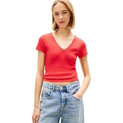 Tommy Jeans Damen T-Shirt Kurzarm Slim Essential Rib V-Ausschnitt, Rot (Red Alert), L Tommy Jeans Damen T-Shirt Kurzarm Slim Essential Rib V-Ausschnitt, Rot (Red Alert), L