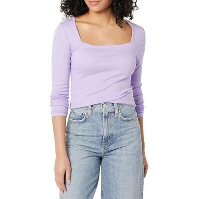 Amazon Damen T-Shirt Mit Langen Ärmeln Und Eckigem Ausschnitt Mit Schmaler Passform, Lavendel, XXL Amazon Damen T-Shirt Mit Langen Ärmeln Und Eckigem Ausschnitt Mit Schmaler Passform, Lavendel, XXL