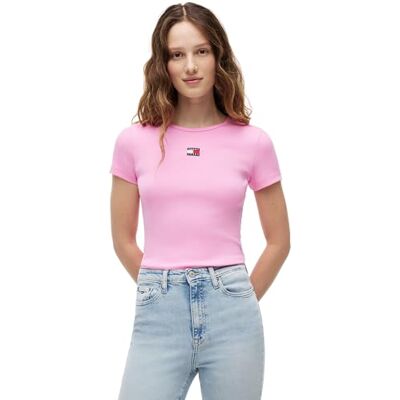 Tommy Jeans Women's Tjw Slim Badge Rib Tee DW0DW17881 S/S T-Shirt, Pink (Pink Daisy), XL Tommy Jeans Women's Tjw Slim Badge Rib Tee DW0DW17881 S/S T-Shirt, Pink (Pink Daisy), XL