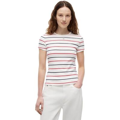 Tommy Jeans Damen T-Shirt Kurzarm Essential Rib Slim Fit, Mehrfarbig (Ecru/Multi Stripe), XS Tommy Jeans Damen T-Shirt Kurzarm Essential Rib Slim Fit, Mehrfarbig (Ecru/Multi Stripe), XS