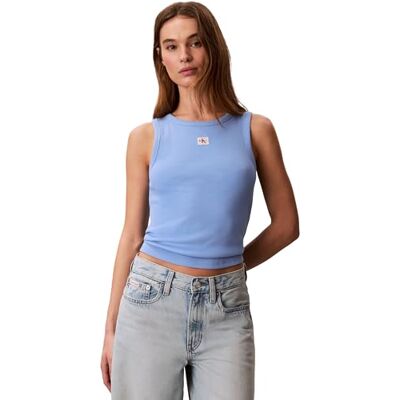 Calvin Damen Tank Top Woven Label Cotton Rib mit Logo, Blau (Blue Descent), XXS Calvin Damen Tank Top Woven Label Cotton Rib mit Logo, Blau (Blue Descent), XXS