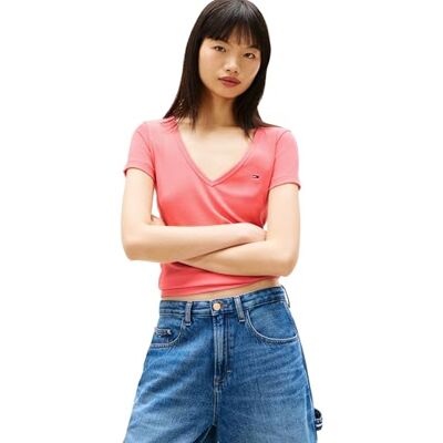 Tommy Jeans Damen T-Shirt Kurzarm Slim Essential Rib V-Ausschnitt, Rosa (Tropical Blush), XS Tommy Jeans Damen T-Shirt Kurzarm Slim Essential Rib V-Ausschnitt, Rosa (Tropical Blush), XS