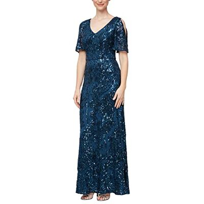 Alex Evenings Damen Langes Paillettenkleid für die Brautmutter mit Kalten Schultern, Flatterärmeln (Zierliche und Normale Größen) Formales Abendkleid, Deep Ocean Blue, 38 Alex Evenings Damen Langes Paillettenkleid für die Brautmutter mit Kalten Schultern, Flatterärmeln (Zierliche und Normale Größen) Formales Abendkleid, Deep Ocean Blue, 38