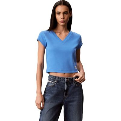 Calvin Damen T-Shirt Kurzarm Woven Label Rib Tee mit V-Ausschnitt, Blau (Marina), S Calvin Damen T-Shirt Kurzarm Woven Label Rib Tee mit V-Ausschnitt, Blau (Marina), S