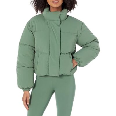 Amazon Damen Cropped-Pufferjacke mit durchgehendem Reißverschluss (gesteppt matt oder Sherpa-Fleece), Salbeigrün, Größe M Amazon Damen Cropped-Pufferjacke mit durchgehendem Reißverschluss (gesteppt matt oder Sherpa-Fleece), Salbeigrün, Größe M