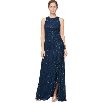 Alex Evenings Damen Langes, Ärmelloses Kleid für die Brautmutter mit Kaskadenrüschen und Schlitz Vorne (Zierliche und Normale Größen) Brautmutterkleid, Marineblaue Pailletten, 46 Alex Evenings Damen Langes, Ärmelloses Kleid für die Brautmutter mit Kaskadenrüschen und Schlitz Vorne (Zierliche und Normale Größen) Brautmutterkleid, Marineblaue Pailletten, 46