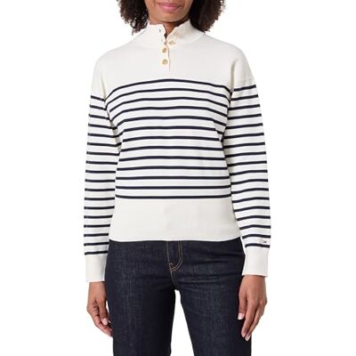 Tommy Hilfiger Damen Pullover Jersey Gold mit Mock-Neck, Weiß (Placed Thin Navy STP Sweaters), XXL Tommy Hilfiger Damen Pullover Jersey Gold mit Mock-Neck, Weiß (Placed Thin Navy STP Sweaters), XXL