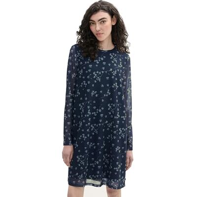 TOM TAILOR Denim Damen Mesh Mini-Kleid mit Muster,35915 Navy Green Clover Leaf Print, S TOM TAILOR Denim Damen Mesh Mini-Kleid mit Muster,35915 Navy Green Clover Leaf Print, S