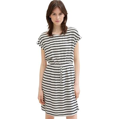 TOM TAILOR Denim Damen Basic Mini Kleid mit elastischer Taillie, White Black Stripe, M TOM TAILOR Denim Damen Basic Mini Kleid mit elastischer Taillie, White Black Stripe, M