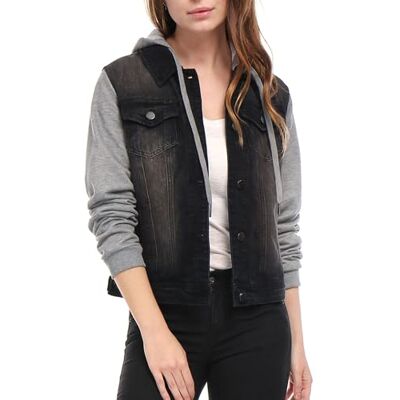 Allegra K Damen Jeansjacke mit Kapuze Langarm Button Panel Hoodie Denim Jacke Schwarz XL Allegra K Damen Jeansjacke mit Kapuze Langarm Button Panel Hoodie Denim Jacke Schwarz XL
