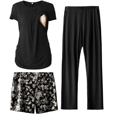 SUNNYBUY Still-Pyjama-Set Für Damen, Kurzärmeliges Still-Shirt Mit Shorts Und Hose, 3-Teiliges Set, Schwarze Shorts Mit Blumenmuster, Größe XXL SUNNYBUY Still-Pyjama-Set Für Damen, Kurzärmeliges Still-Shirt Mit Shorts Und Hose, 3-Teiliges Set, Schwarze Shorts Mit Blumenmuster, Größe XXL