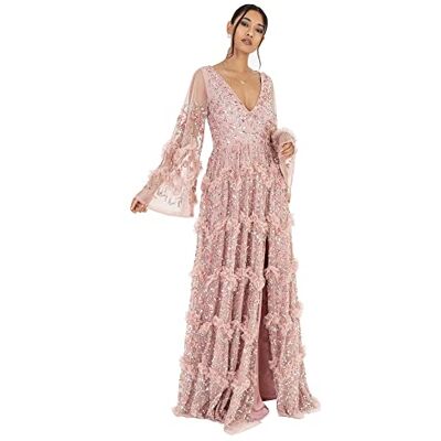 Maya Deluxe Damen Ladies Womens Maxi V Neckline Sequin With Ruffle Empire Waist Slit Split For Prom Ball Bridesm Dress, Frosted Pink, 38 EU Maya Deluxe Damen Ladies Womens Maxi V Neckline Sequin With Ruffle Empire Waist Slit Split For Prom Ball Bridesm Dress, Frosted Pink, 38 EU