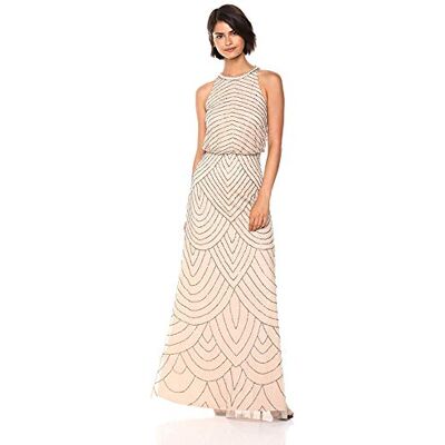 Adrianna Papell Damen Neckholder Art Deco Perlen Blousonkleid, Hautfarben, 46 Adrianna Papell Damen Neckholder Art Deco Perlen Blousonkleid, Hautfarben, 46