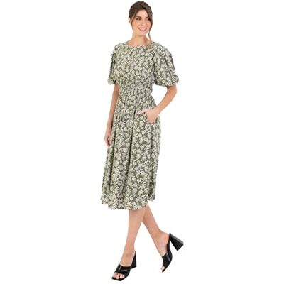 Lovedrobe Women's Ladies Midi Dress Round Neck Short Puff Sleeves Crossover Elasticated Waistband Leaf Print A-line Casual Grün 52 Lovedrobe Women's Ladies Midi Dress Round Neck Short Puff Sleeves Crossover Elasticated Waistband Leaf Print A-line Casual Grün 52