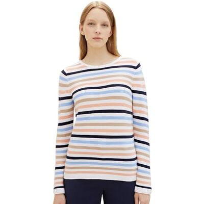 TOM TAILOR Damen Basic Strickpullover aus Bio-Baumwolle, 34798 Peach Blue Ottoman Stripe, XS TOM TAILOR Damen Basic Strickpullover aus Bio-Baumwolle, 34798 Peach Blue Ottoman Stripe, XS