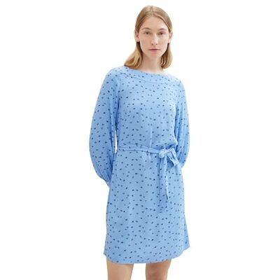 TOM TAILOR Damen Kleid mit Bindegürtel, 34751 Blue Minimal Print, 36 TOM TAILOR Damen Kleid mit Bindegürtel, 34751 Blue Minimal Print, 36
