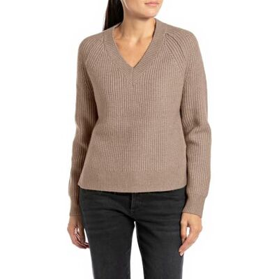 Replay Damen Strickpullover mit V-Ausschnitt, Braun (Camel 618), XXS Replay Damen Strickpullover mit V-Ausschnitt, Braun (Camel 618), XXS