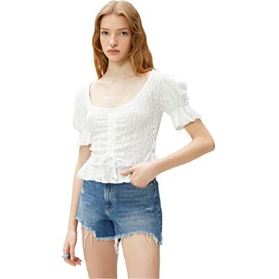 Koton Women Crop Puff Sleeve Shirred Brode T-Shirt Koton Women Crop Puff Sleeve Shirred Brode T-Shirt