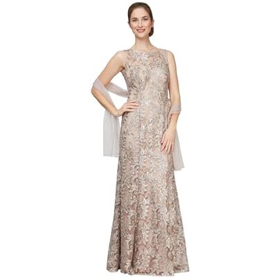 Alex Evenings Damen langes, ärmelloses Kleid für die Brautmutter mit Schal (in Petite- und Regular-Größen), Champagner, 46 Alex Evenings Damen langes, ärmelloses Kleid für die Brautmutter mit Schal (in Petite- und Regular-Größen), Champagner, 46