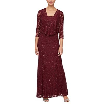 Alex Evenings Damen-Abendkleid in Langer Ausführung mit Spitzenjacke, Wein, 46 Alex Evenings Damen-Abendkleid in Langer Ausführung mit Spitzenjacke, Wein, 46
