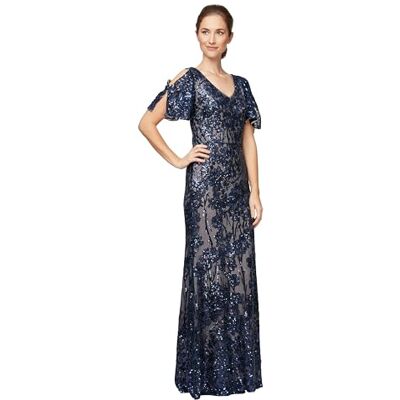 Alex Evenings Damen Langes Paillettenkleid für die Brautmutter mit Kalten Schultern, Flatterärmeln (Zierliche und Normale Größen) Formales Abendkleid, Marineblau/Nude Flatterärmel, 42 Alex Evenings Damen Langes Paillettenkleid für die Brautmutter mit Kalten Schultern, Flatterärmeln (Zierliche und Normale Größen) Formales Abendkleid, Marineblau/Nude Flatterärmel, 42