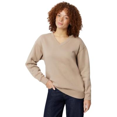 Amazon Damen Oversize Fleece-Pullover, Sweatshirt mit V-Ausschnitt, Taupe, L Amazon Damen Oversize Fleece-Pullover, Sweatshirt mit V-Ausschnitt, Taupe, L