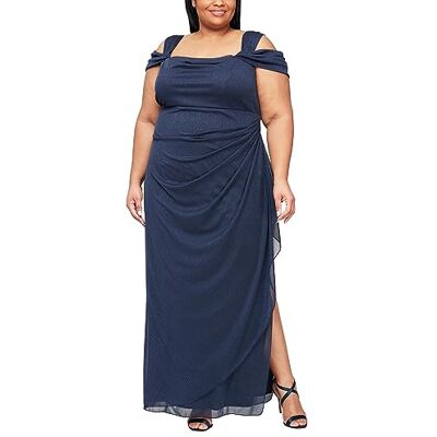 Alex Evenings Damen Langes Schulterfreies, Mutter der Braut Kleid für besondere Anlässe, Dunkelmarineblauer Glitzer, 50 Mehr Alex Evenings Damen Langes Schulterfreies, Mutter der Braut Kleid für besondere Anlässe, Dunkelmarineblauer Glitzer, 50 Mehr