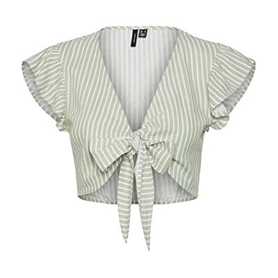 VERO MODA Damen Vmmymilo Sl Crop Tie WVN Ga Top, Reseda/Stripes:Snow White, M EU VERO MODA Damen Vmmymilo Sl Crop Tie WVN Ga Top, Reseda/Stripes:Snow White, M EU