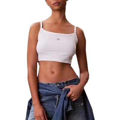 Calvin Damen Tank Top Woven Label Rib Cropped, Blau (Bright White), XS Calvin Damen Tank Top Woven Label Rib Cropped, Blau (Bright White), XS