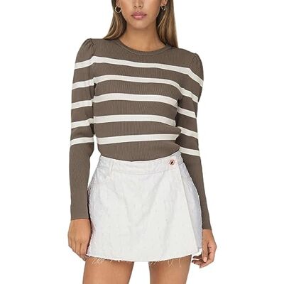 ONLY Damen Onlsally L/S Puff KNT Noos Pullover, Walnut/Stripes:Cloud Dancer,XXL ONLY Damen Onlsally L/S Puff KNT Noos Pullover, Walnut/Stripes:Cloud Dancer,XXL