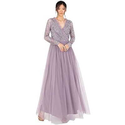 Maya Deluxe Women's Maxi Dress Ladies Embellished Wrap Tulle Frilly V-Neck Long Sleeve for Wedding Guest Bridesmaid Prom Ball Gown, Moody Lilac, 56 Maya Deluxe Women's Maxi Dress Ladies Embellished Wrap Tulle Frilly V-Neck Long Sleeve for Wedding Guest Bridesmaid Prom Ball Gown, Moody Lilac, 56