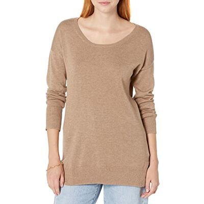Amazon Damen Leichter, langärmliger Tunika-Pullover mit U-Ausschnitt (in Übergröße erhältlich), Kamelbraun Meliert, XS Amazon Damen Leichter, langärmliger Tunika-Pullover mit U-Ausschnitt (in Übergröße erhältlich), Kamelbraun Meliert, XS