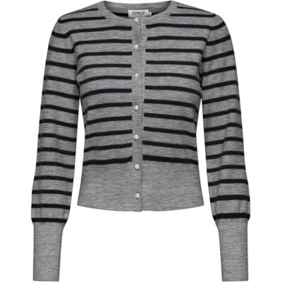 ONLY Damen Onlvalley Ls Pearl O-Neck Cardigan KNT Strickjacke, Medium Grey Melange/Stripes:Black, M ONLY Damen Onlvalley Ls Pearl O-Neck Cardigan KNT Strickjacke, Medium Grey Melange/Stripes:Black, M