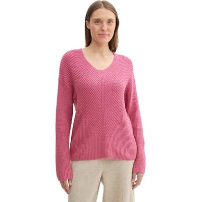 TOM TAILOR Damen RIPP Strickpullover mit V-Ausschnitt, 35895 Pink Velvet Melange, XXL TOM TAILOR Damen RIPP Strickpullover mit V-Ausschnitt, 35895 Pink Velvet Melange, XXL