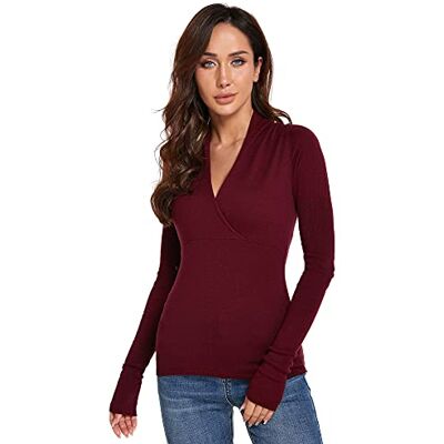 AmélieBoutik Damen-Pullover mit tiefem V-Ausschnitt, Empire-Taille, langärmelig, gestrickt, Burgunder, Klein AmélieBoutik Damen-Pullover mit tiefem V-Ausschnitt, Empire-Taille, langärmelig, gestrickt, Burgunder, Klein