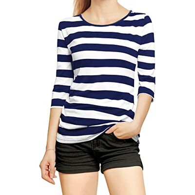 Allegra K Damen T-Shirt mit 3/4-Ärmeln, Rundhalsausschnitt, schmale Passform, lässig, Leopardenmuster, Blumenmuster, Bretonmuster, Weiß, Dunkelblau, 42 Allegra K Damen T-Shirt mit 3/4-Ärmeln, Rundhalsausschnitt, schmale Passform, lässig, Leopardenmuster, Blumenmuster, Bretonmuster, Weiß, Dunkelblau, 42