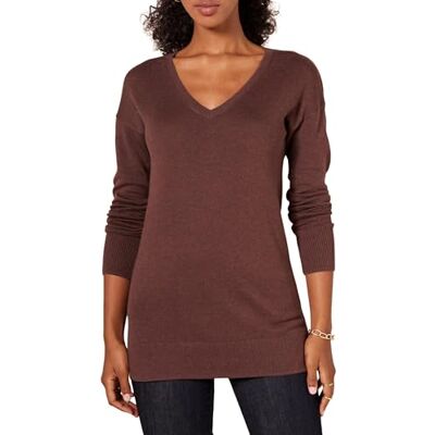 Amazon Damen Leichter Tunika-Pullover Mit Langen Ärmeln Und V-Ausschnitt (Erhältlich In Übergröße), Dunkles Kastanienbraun Meliert, XL Amazon Damen Leichter Tunika-Pullover Mit Langen Ärmeln Und V-Ausschnitt (Erhältlich In Übergröße), Dunkles Kastanienbraun Meliert, XL