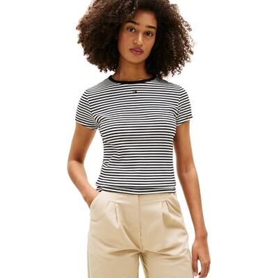 Tommy Jeans Damen T-Shirt Kurzarm Essential Rib Slim Fit, Mehrfarbig (Black/Ecru Stripe), 1XL Tommy Jeans Damen T-Shirt Kurzarm Essential Rib Slim Fit, Mehrfarbig (Black/Ecru Stripe), 1XL
