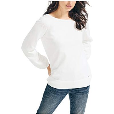 Nautica Damen Klassischer Damenpullover aus Weicher Baumwolle mit U-Boot-Ausschnitt Pullover, Marshmallow, S Nautica Damen Klassischer Damenpullover aus Weicher Baumwolle mit U-Boot-Ausschnitt Pullover, Marshmallow, S