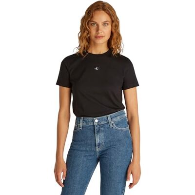 Calvin Damen T-Shirt Kurzarm Woven Label Regular Tee aus Baumwolle, Schwarz (Ck Black), XXL Calvin Damen T-Shirt Kurzarm Woven Label Regular Tee aus Baumwolle, Schwarz (Ck Black), XXL