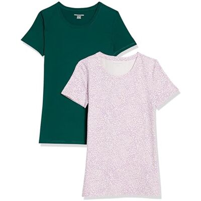 Amazon Damen T-Shirt mit kurzen Ärmeln und Rundhalsausschnitt in normaler Passform, 2er-Pack, Dunkelgrün/Lila Tiermuster, M Amazon Damen T-Shirt mit kurzen Ärmeln und Rundhalsausschnitt in normaler Passform, 2er-Pack, Dunkelgrün/Lila Tiermuster, M
