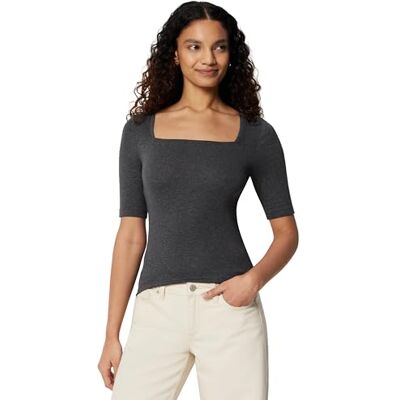 Amazon Damen Halbarm-T-Shirt mit eckigem Ausschnitt in schmaler Passform, Kohlegrau Meliert, XX-Large Amazon Damen Halbarm-T-Shirt mit eckigem Ausschnitt in schmaler Passform, Kohlegrau Meliert, XX-Large