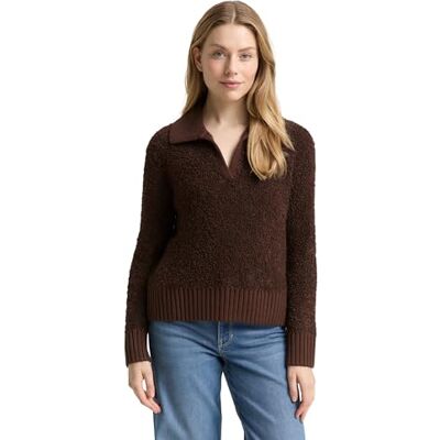 TOM TAILOR Damen 1049148 Bouclé Strickpullover Mit Kragen, 39062 Dark Pecan Brown Melange, S EU TOM TAILOR Damen 1049148 Bouclé Strickpullover Mit Kragen, 39062 Dark Pecan Brown Melange, S EU