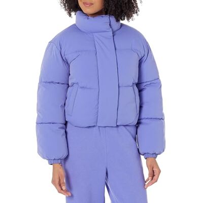 Amazon Damen Cropped-Pufferjacke mit durchgehendem Reißverschluss (gesteppt matt oder Sherpa-Fleece), Violett Blau, Größe M Amazon Damen Cropped-Pufferjacke mit durchgehendem Reißverschluss (gesteppt matt oder Sherpa-Fleece), Violett Blau, Größe M