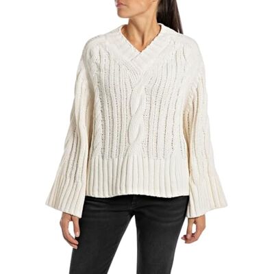 Replay Damen Strickpullover mit V-Ausschnitt, Weiß (Butter White 412), XXS Replay Damen Strickpullover mit V-Ausschnitt, Weiß (Butter White 412), XXS